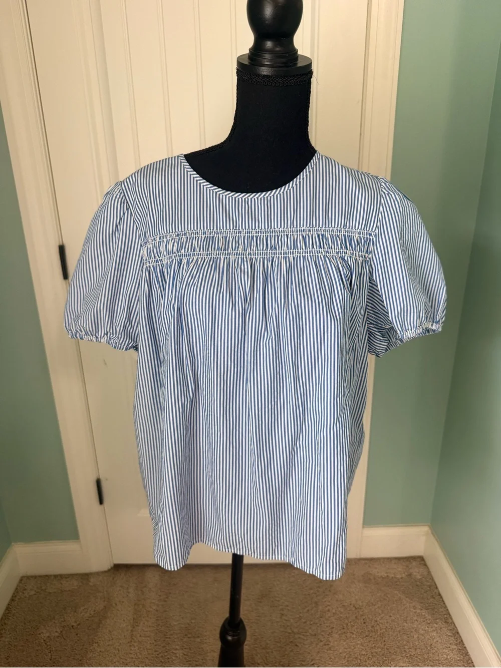 J. Crew Smocked Blue and White Striped Puff Sleeve Top - XXL